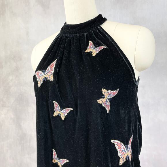 THML Womens Halter Butterfly Velvet Tank Top Black Size M Y2K Emo Goth Grunge - Picture 2 of 12